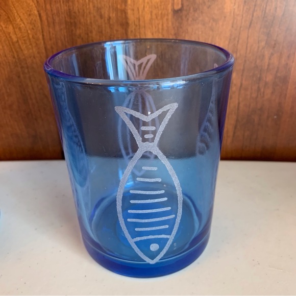 Lone Elm Studios Set of 3 Cobalt Blue Hurricane Lamps Votives Etched Fish - Picture 3 of 9